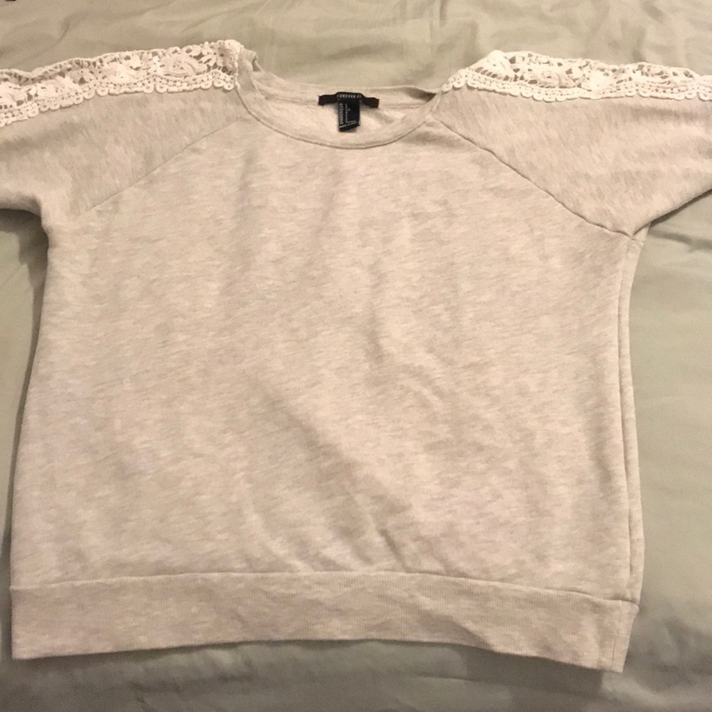 heather grey sweatershirt with lace sleeves